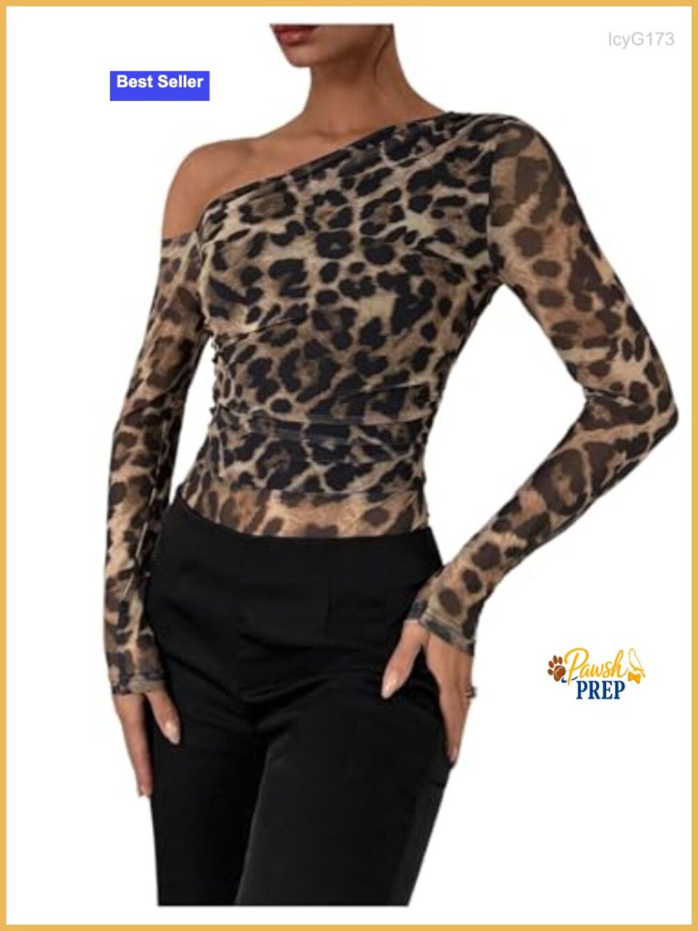 One Shoulder Leopard Bodysuit Ruched Long Sleeve Leotard Top for Women